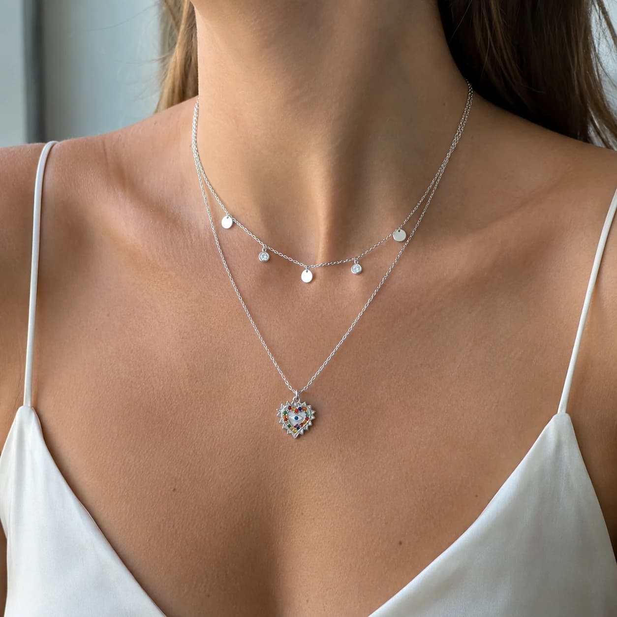 Silver Heart Pendant Layered Necklace XL05010 2