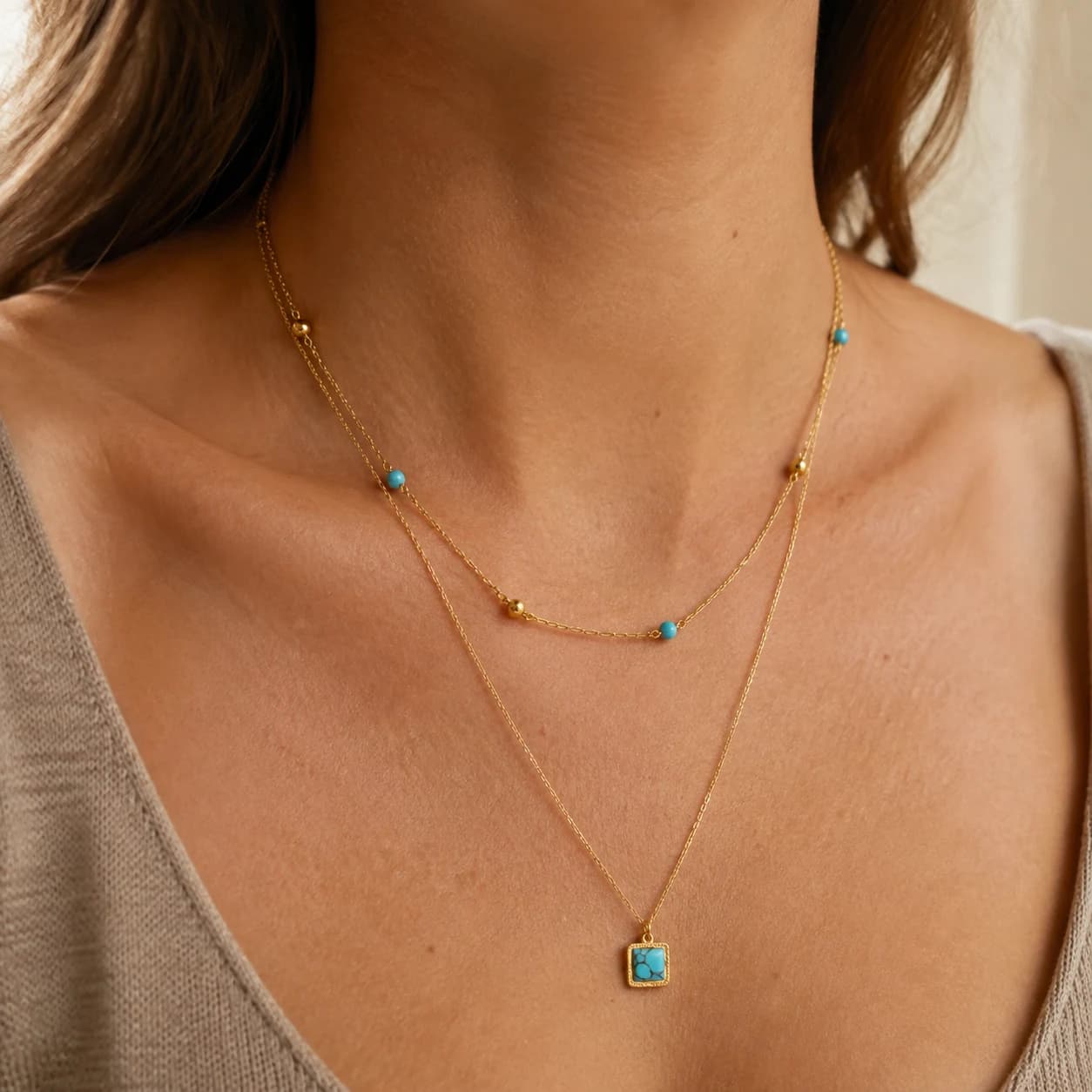 Turquoise Bead Layered Pendant Necklace XL05013 3